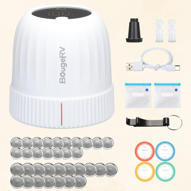 Bougerv Mason Jar Vacuum Sealer for Wide and Regular Mouth Storage Jars - Preserving Containers Vacuum Appliances with 34 Lids, Food Storage & Canning Kit, with Auto Stop & Cordless Design