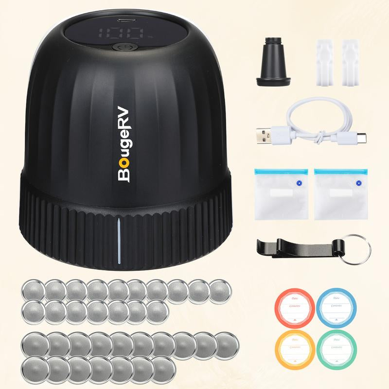 Bougerv Mason Jar Vacuum Sealer for Wide and Regular Mouth Storage Jars - Preserving Containers Vacuum Appliances with 34 Lids, Food Storage & Canning Kit, with Auto Stop & Cordless Design