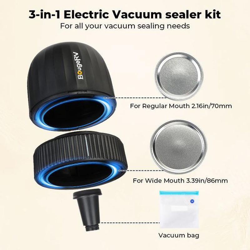 Bougerv Mason Jar Vacuum Sealer for Wide and Regular Mouth Storage Jars - Preserving Containers Vacuum Appliances with 34 Lids, Food Storage & Canning Kit, with Auto Stop & Cordless Design