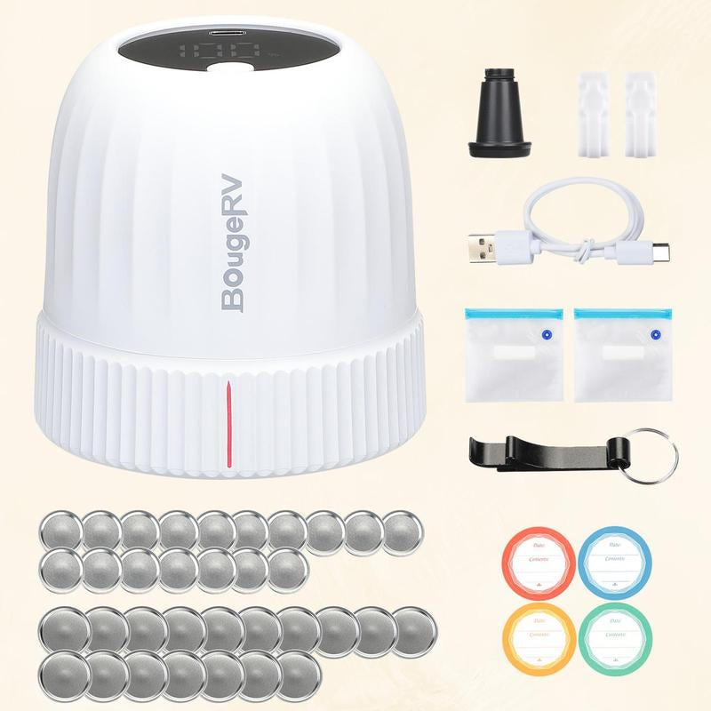 Bougerv Mason Jar Vacuum Sealer for Wide and Regular Mouth Storage Jars - Preserving Containers Vacuum Appliances with 34 Lids, Food Storage & Canning Kit, with Auto Stop & Cordless Design
