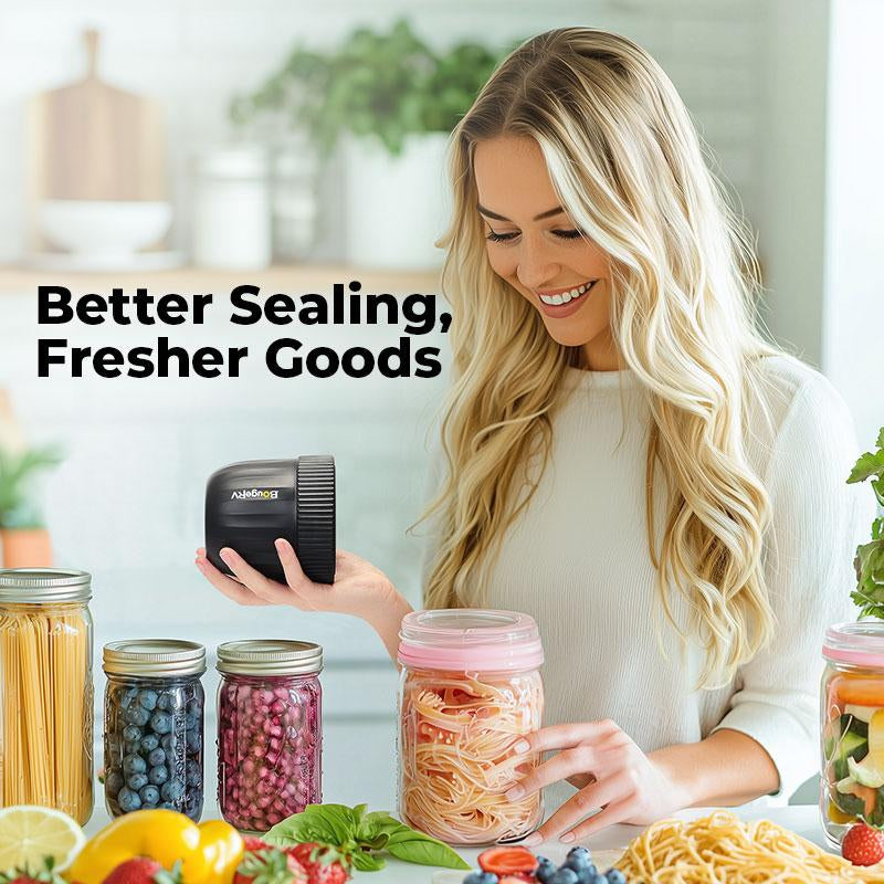Bougerv Mason Jar Vacuum Sealer for Wide and Regular Mouth Storage Jars - Preserving Containers Vacuum Appliances with 34 Lids, Food Storage & Canning Kit, with Auto Stop & Cordless Design