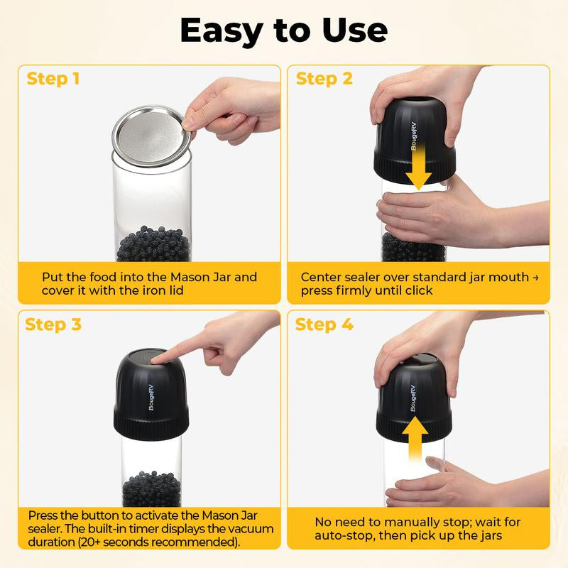 Bougerv Mason Jar Vacuum Sealer for Wide and Regular Mouth Storage Jars - Preserving Containers Vacuum Appliances with 34 Lids, Food Storage & Canning Kit, with Auto Stop & Cordless Design